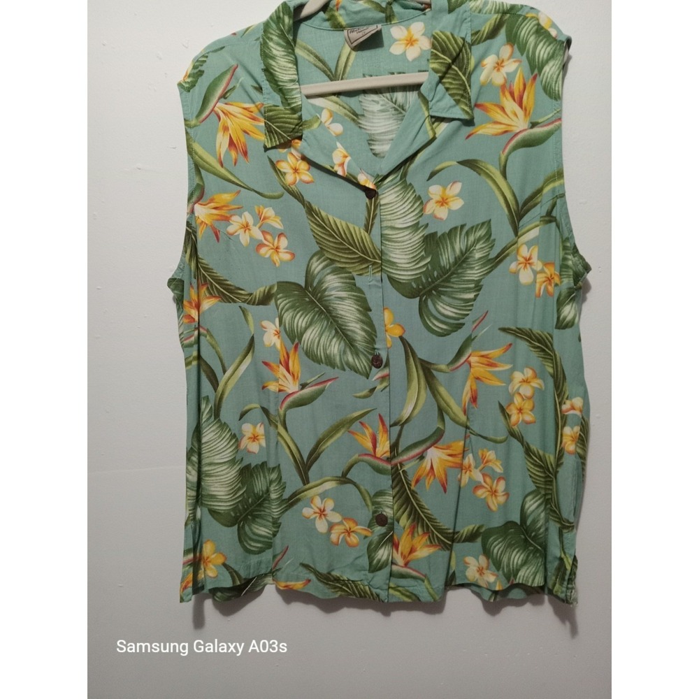 Aloha Hut Hawaii Womens 2X Tropical Floral Rayon Sleeveless Camp Shirt Green - Picture 2 of 6